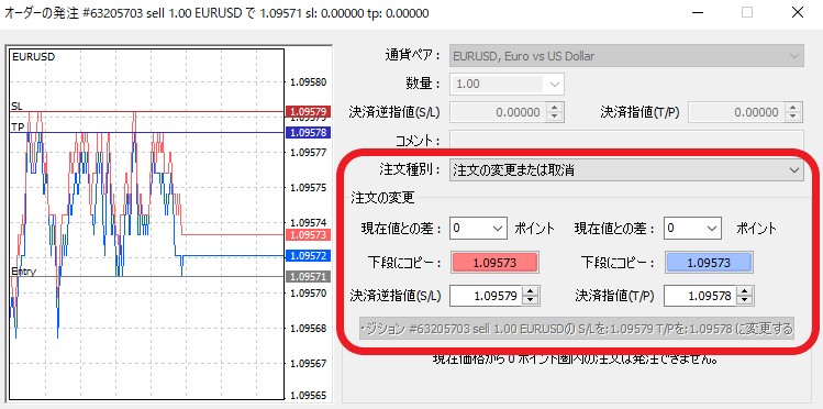 TitanFX用MT4の指値決済注文の設定画面